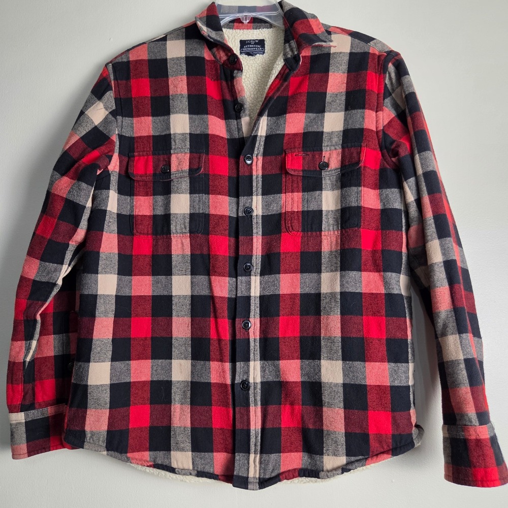 J.Crew Mens Red Black Buffalo Plaid Sherpa Lined Flannel Shirt Jacket M